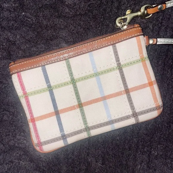 Coach Tattersall Canvas Wristlet in Multi-Color with Brown Leather Trim - Picture 6 of 8